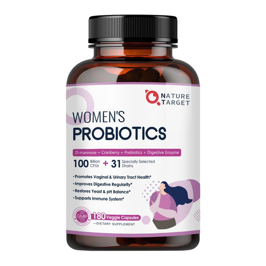 Nature Target Probiotics for Women bottle showing 100B CFU strength for gut balance