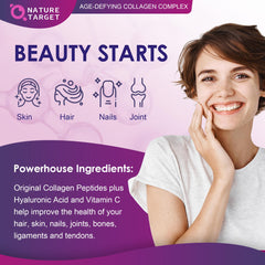 Vitamin C and hyaluronic acid ingredients highlight hydration and potential youthful appearance.