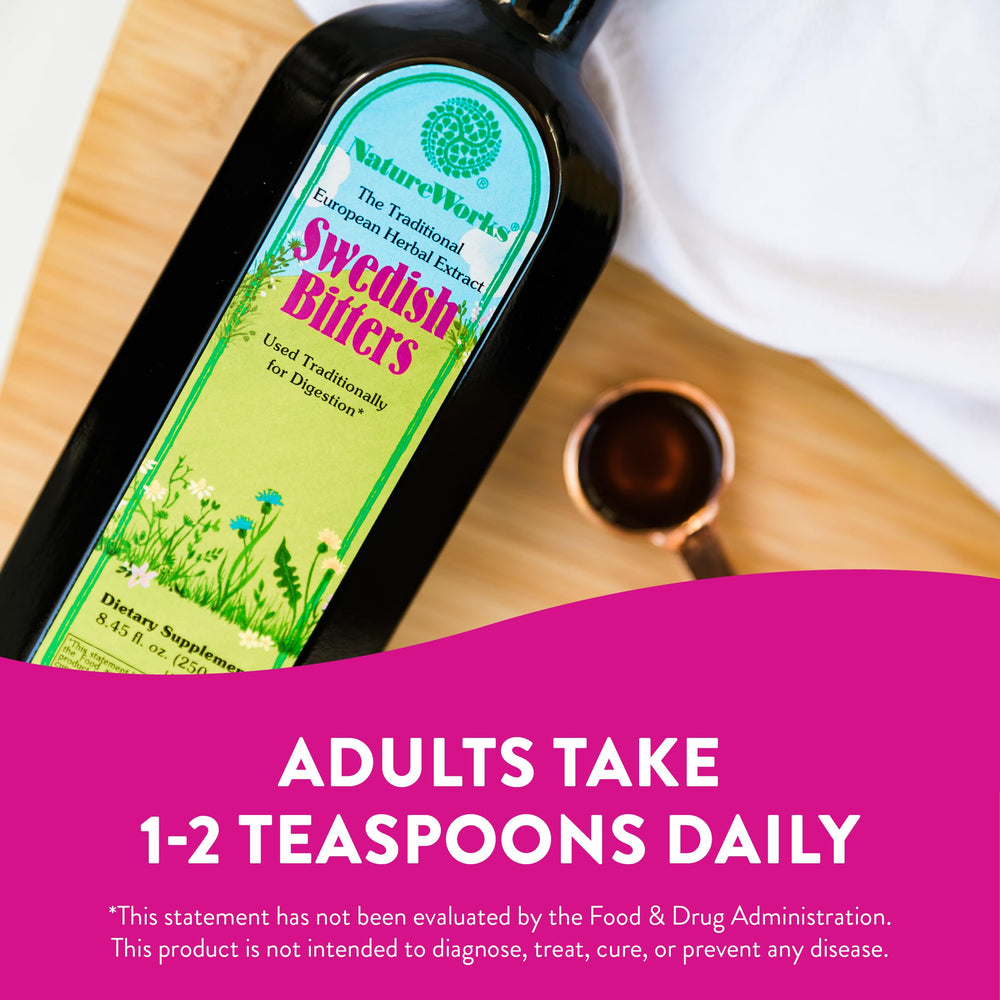 Nature Works Swedish Bitters drops over glass for ritual use and digestion.