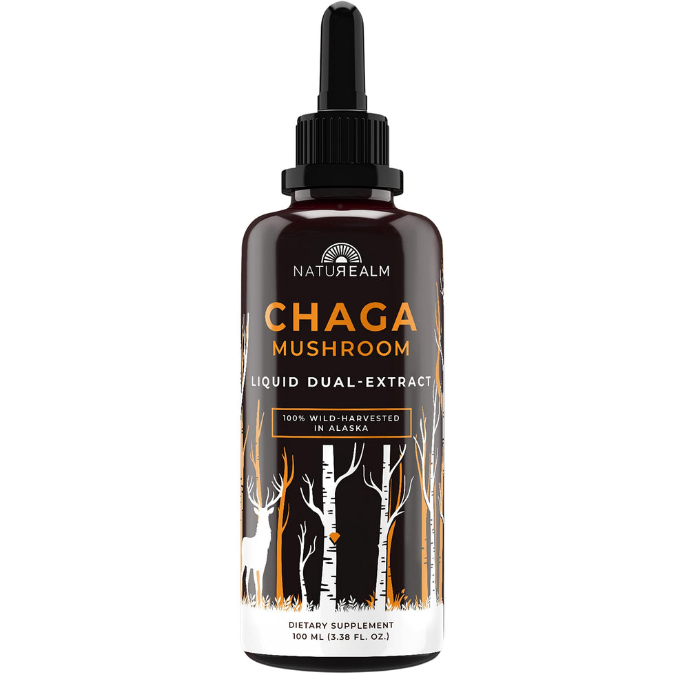 Naturealm Chaga tincture bottle with dropper showing tincture for immune support and antioxidants