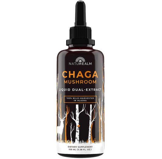 Naturealm Chaga tincture bottle with dropper showing tincture for immune support and antioxidants