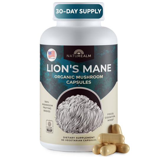 Naturealm Lion’s Mane capsules bottle ready for daily focus routine.