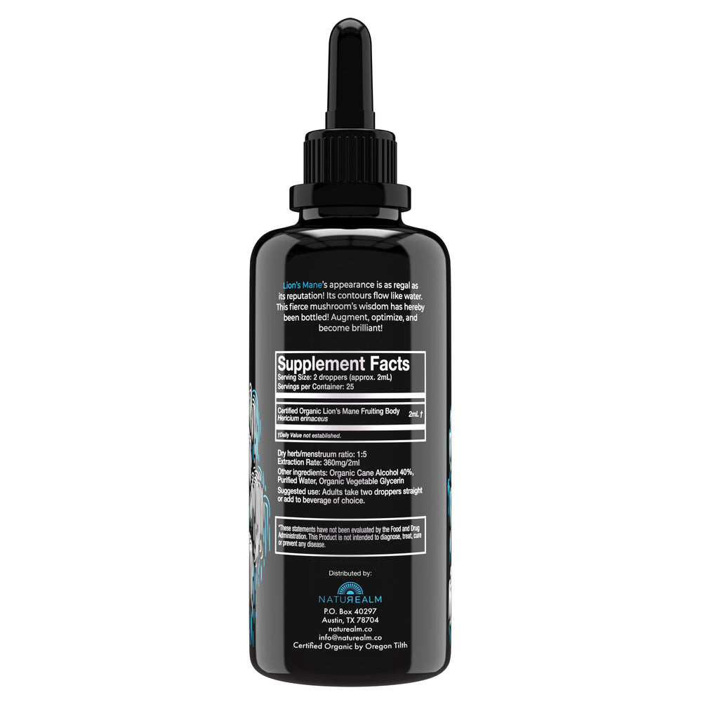 Naturealm Lions Mane tincture dropper ready for easy two-drops in drinks or under the tongue