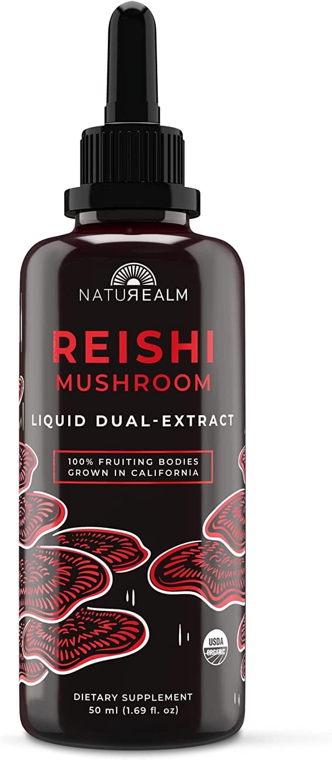 Naturealm Reishi liquid tincture bottle promotes calmness and portable daily use