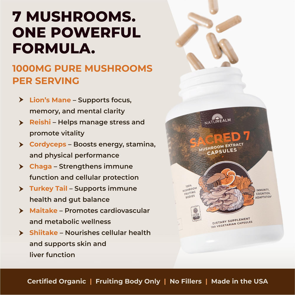 Naturealm Sacred 7 Mushroom 7-in-1 Blend Capsules Supplement seven-mushroom mix for vitality