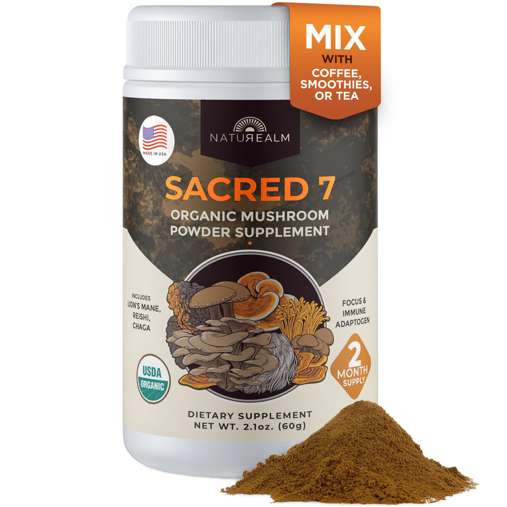 Naturealm Sacred 7 Mushroom Powder tub-front displays seven mushrooms for daily wellness.