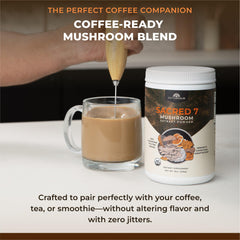 Illustration of seven mushrooms included in Sacred 7 blend