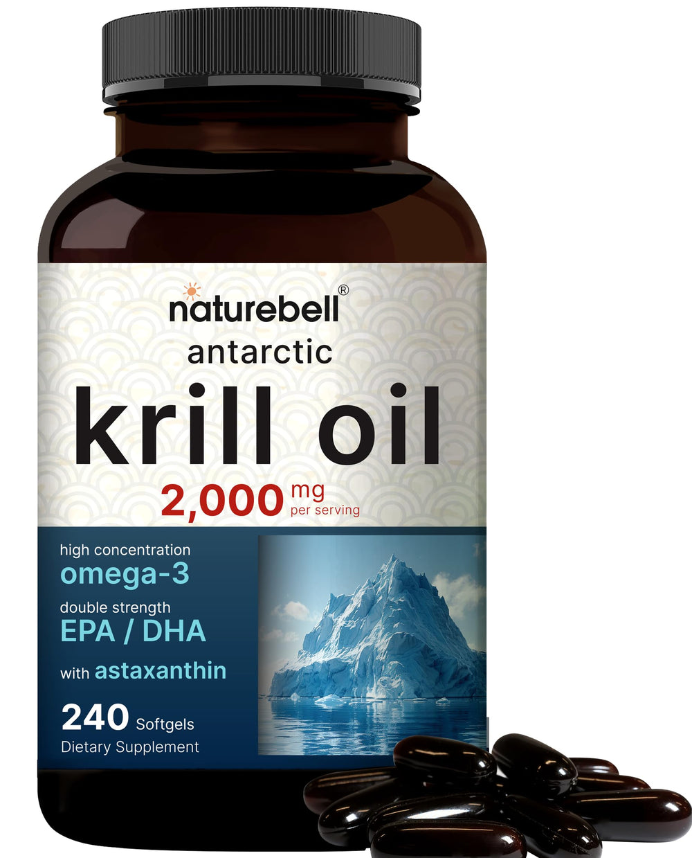 NatureBell Antarctic Krill Oil bottle highlights premium omega-3 and no fishy aftertaste.