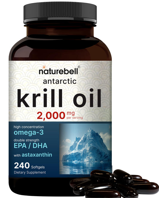 NatureBell Antarctic Krill Oil bottle highlights premium omega-3 and no fishy aftertaste.