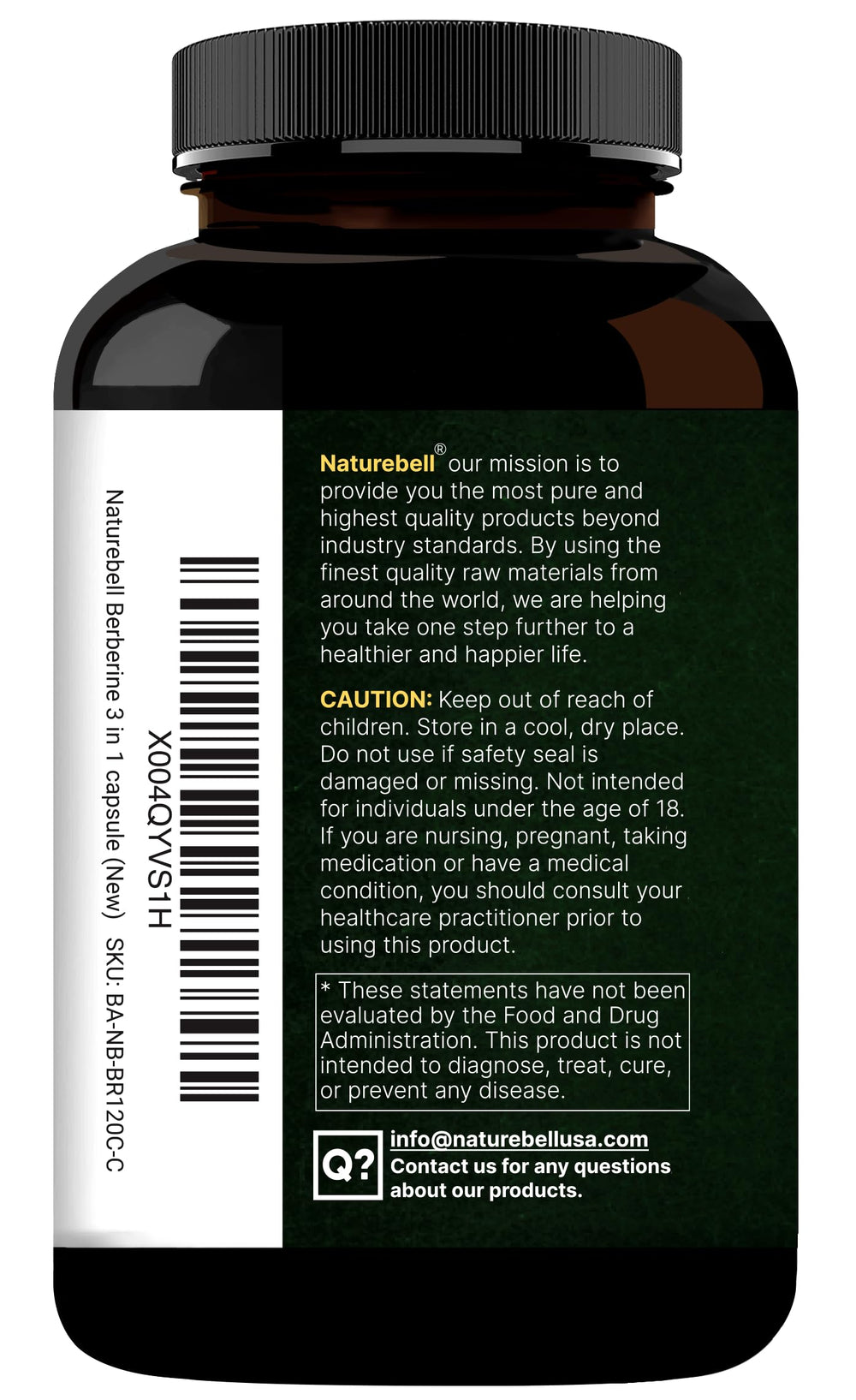 NatureBell berberine ingredients list highlighting vegan non-GMO formula