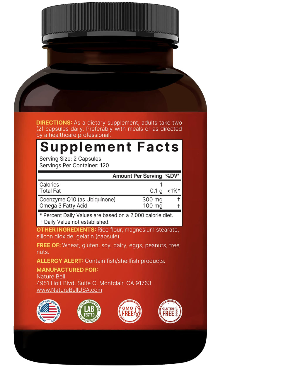 NatureBell CoQ10 300mg omega-3 blend image highlights essential fats