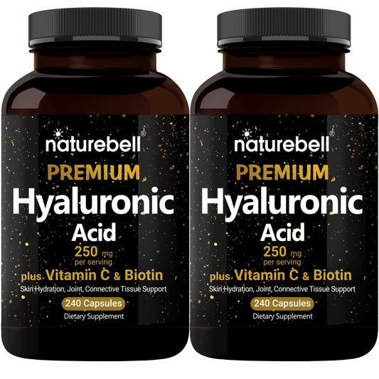 Closeup of NatureBell hyaluronic acid bottle for skin hydration.