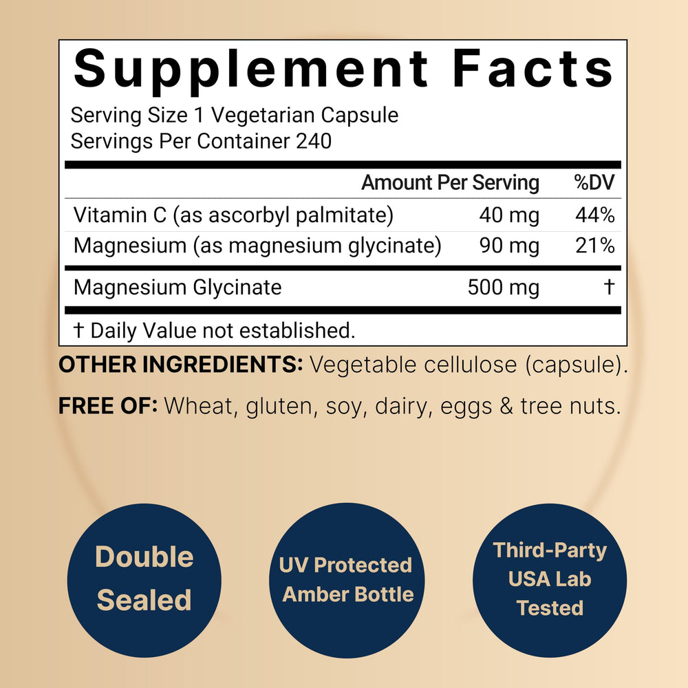 Close-up of NatureBell magnesium glycinate capsules highlighting bioavailability