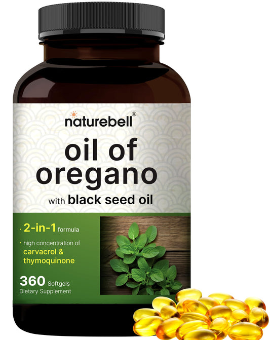 NatureBell oil of oregano with black seed oil bottle front for immune support.