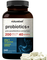 NatureBell Probiotic bottle showing full-spectrum formula for daily gut balance.