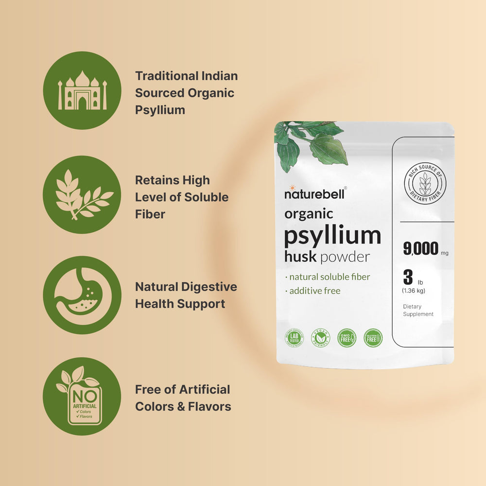 Psyllium husk seed and husk blend from NatureBell emphasizing high-quality organic source.