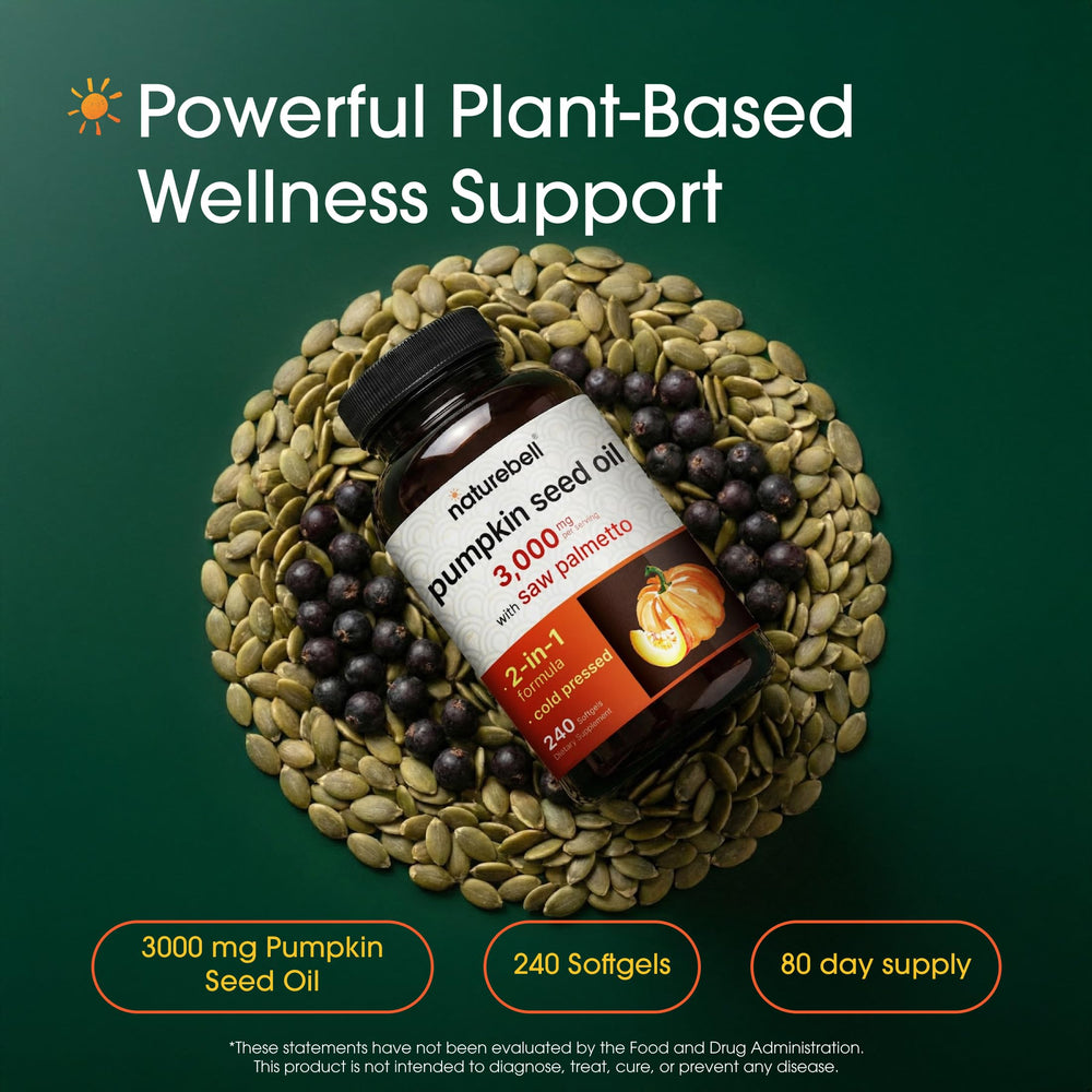 NatureBell Pumpkin Seed Oil bottle close-up emphasizes cold-pressed extraction for overall wellness.