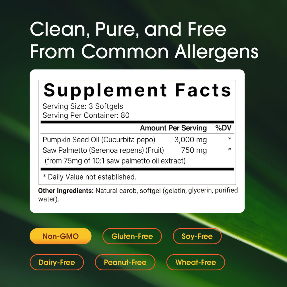 NatureBell Pumpkin Seed Oil with Saw Palmetto label highlights third-party tested ingredients.
