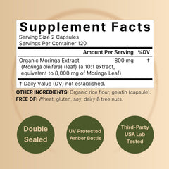 NatureBell moringa bottle back label shows non-GMO and gluten-free features.
