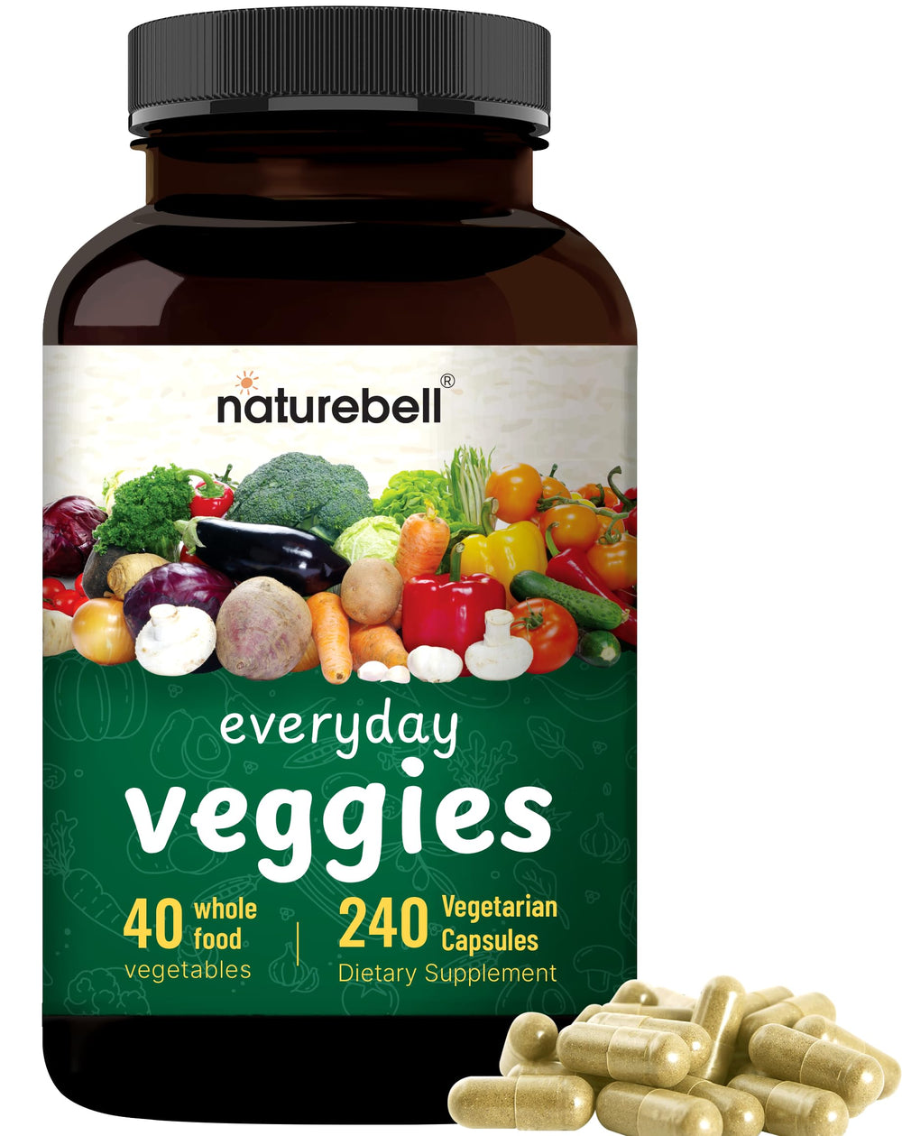 NatureBell vegetable blend bottle showing non-GMO vegan formula for veggie intake.