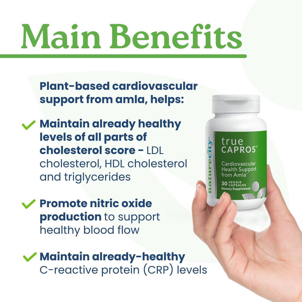 NatureCity True-Capros Amla capsule close-up signaling potent polyphenols.