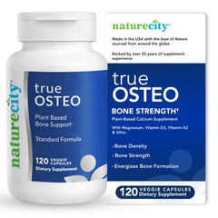 NatureCity True-Osteo bottle front view with plant-based calcium capsules for gentle bone support.