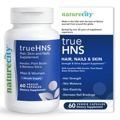 NatureCity True-HNS bottle front for daily hair, nails, and skin support.