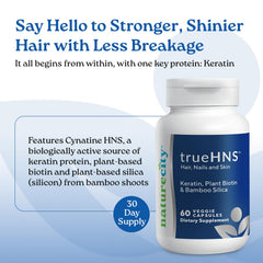 NatureCity True-HNS capsules close-up highlighting plant-based keratin and biotin benefits.