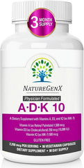 NatureGenX ADK10 bottle front shows high potency vitamin ADK blend for bone support.