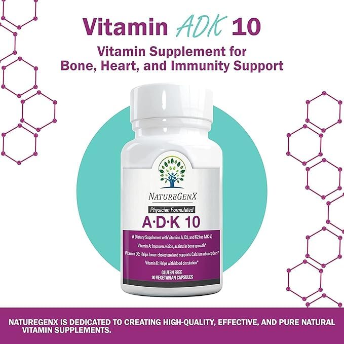 NatureGenX ADK10 bottle pour illustrates convenient daily dosing and a 3-month supply.