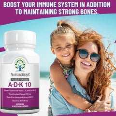 NatureGenX ADK10 ingredients graphic highlights vitamins A, D3, and K2 MK-7.
