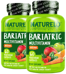 Naturelo Bariatric Multivitamin bottle front showcases compact daily post-surgery nutrition.