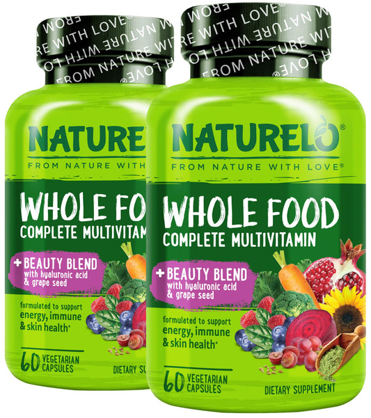 Naturelo Whole Food Multivitamin bottle shown for daily beauty support.