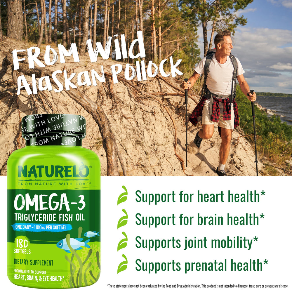 NATURELO Burpless Omega-3 bottle label shows 1100 mg per softgel for high potency