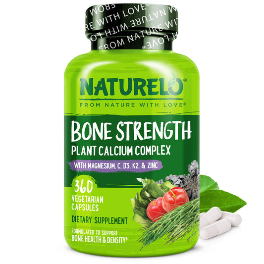 Naturelo calcium supplement bottle label highlighting bone support