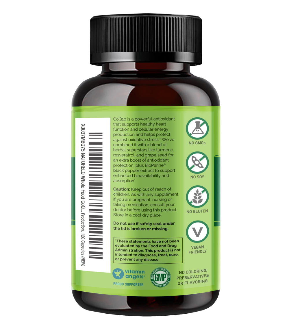 Naturelo CoQ10 capsules emphasize vegan non GMO support for cellular energy
