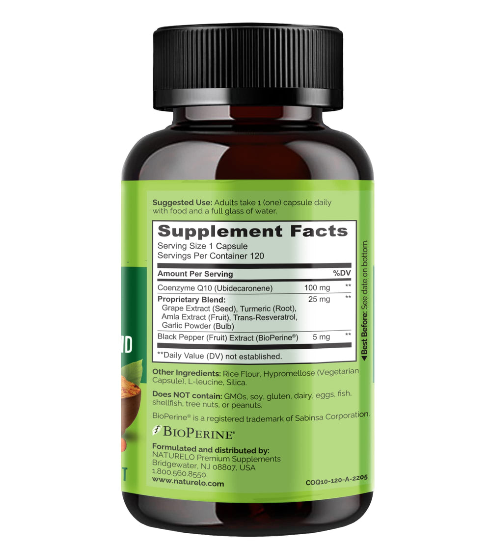 Naturelo CoQ10 label highlights 100 mg dose and antioxidant blend