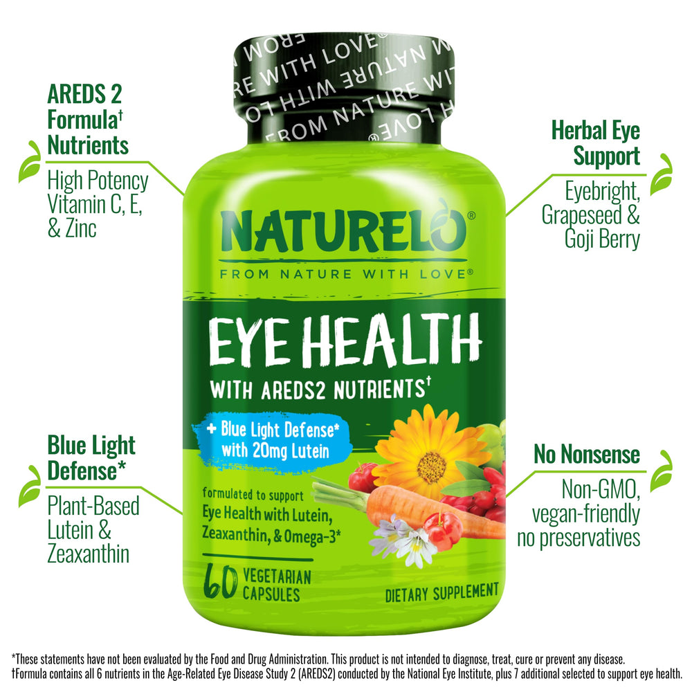 Naturelo Eye Vitamins AREDS2 label highlights core nutrients for vision.