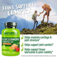 Naturelo Glucosamine Chondroitin MSM packaging box displays premium, clean-label features