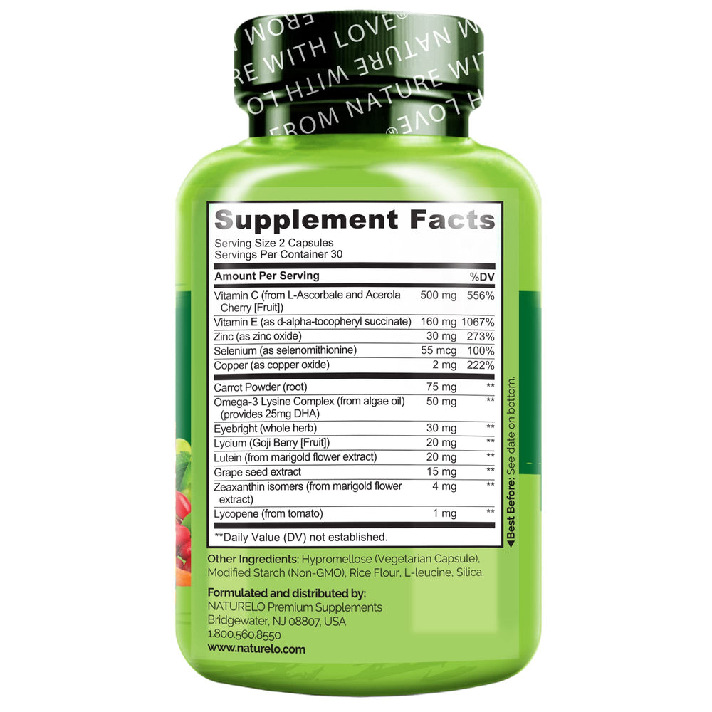 Naturelo grape seed, eyebright, and goji extracts for eye comfort.