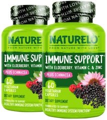 Naturelo Immune Support bottle front with vitamin C, elderberry, zinc, and echinacea for immune wellness