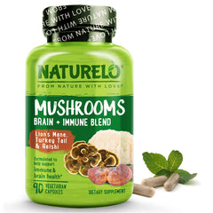 Naturelo mushroom supplement bottle front with vegan capsules for daily immune and brain support.