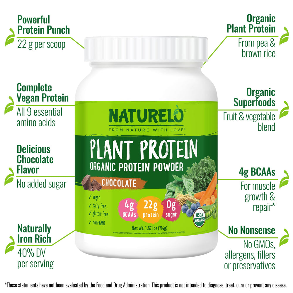 Naturelo chocolate protein powder scoop and shake illustrating creamy vegan protein