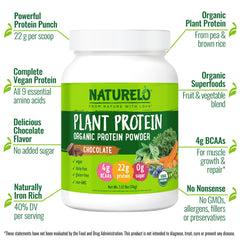 Naturelo chocolate protein powder scoop and shake illustrating creamy vegan protein