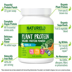 Naturelo vanilla protein powder scoop being poured for workouts