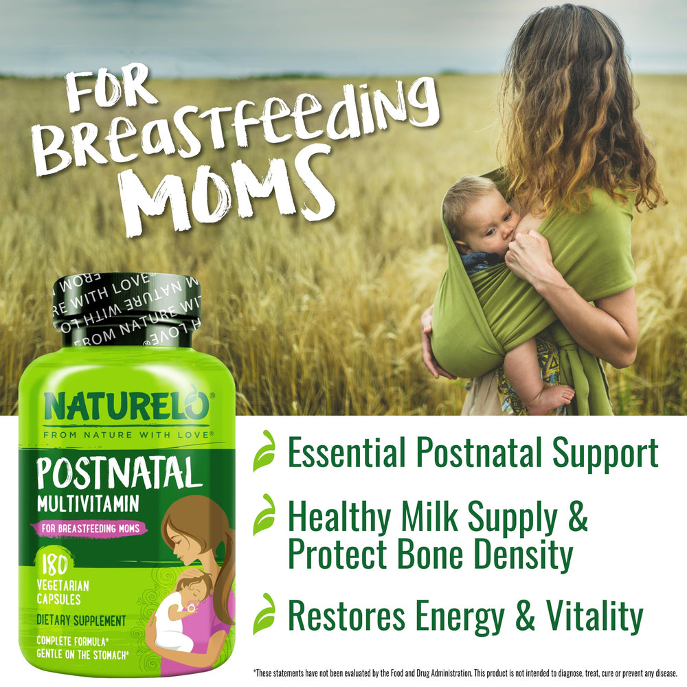 Closeup of Naturelo Postnatal Multivitamin bottle emphasizing plant-based formula