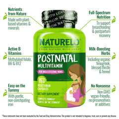 Capsules and bottle silhouette of Naturelo Postnatal Multivitamin for easy swallowing