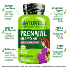 Naturelo Prenatal capsules closeup highlights chelated minerals for gentle digestion and absorption.