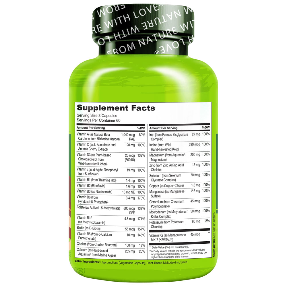 Naturelo Prenatal vegan, non-GMO, gluten-free seals on packaging.