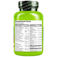 Naturelo Prenatal vegan, non-GMO, gluten-free seals on packaging.